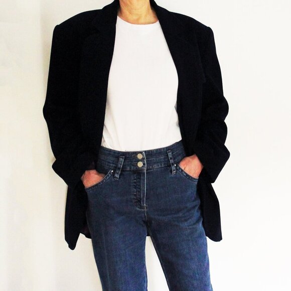 Vintage JEAN CLAUDE POITRAS navy wool cashmere boyfriend blazer, Academia - Picture 3 of 10